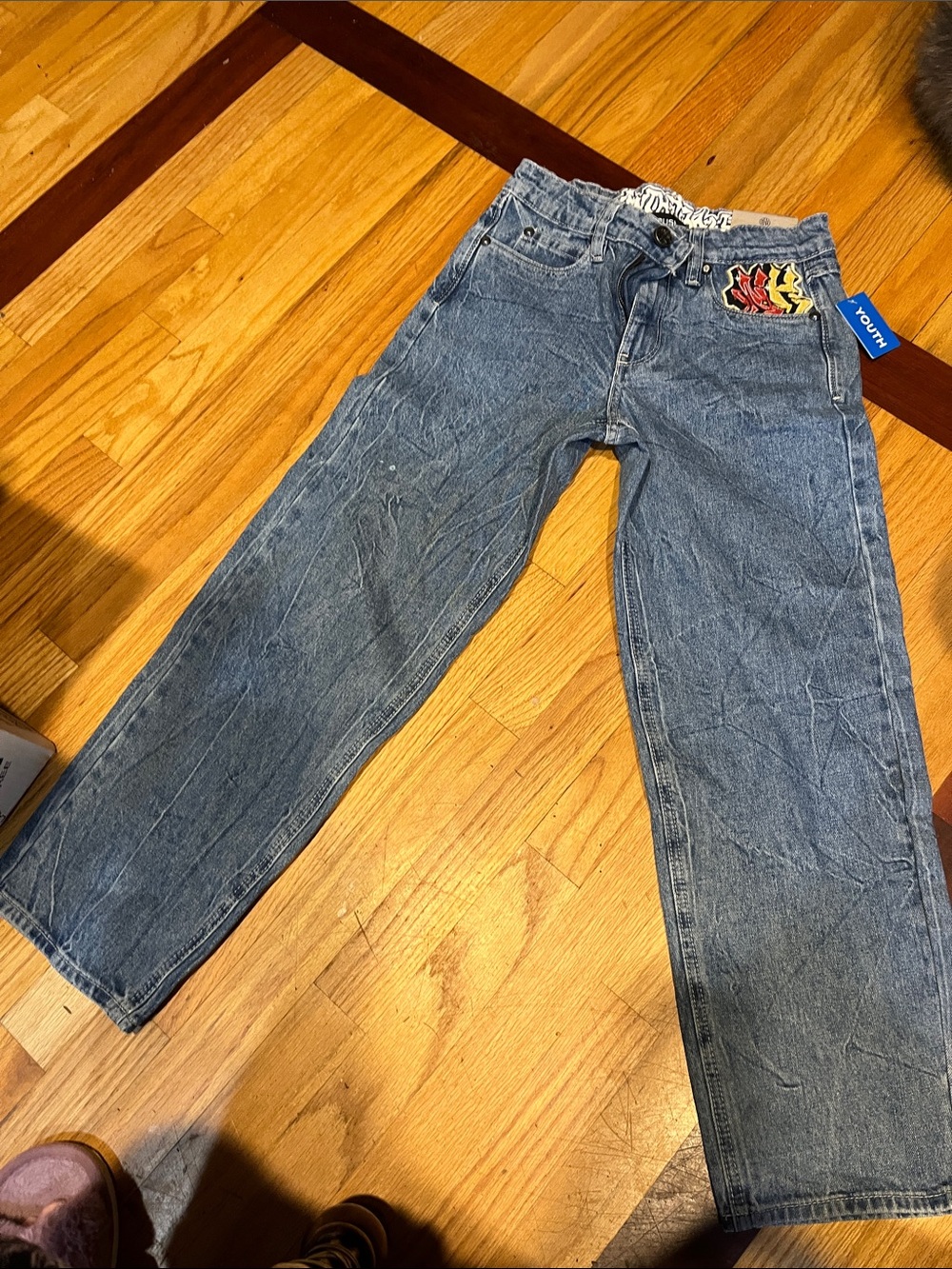 Blue Men's Straight-Leg Jeans with Flame Patch